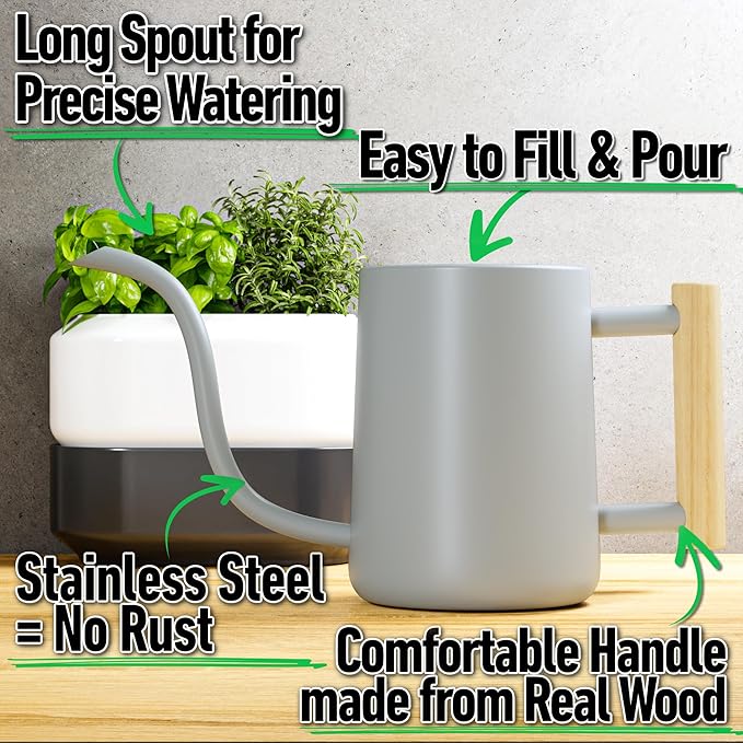 35 oz Metal Small Indoor Watering Can with Long Spout & Real Wood Handle for House Plants, Succulents, Cacti & Seedlings - Gray Long Spout Watering Can Indoor Plants - Stylish, Gentle Flow, No Spills