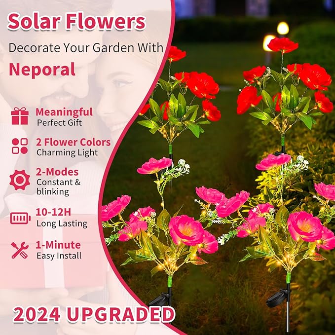 Neporal Solar Flowers Outdoor Waterproof Camellia,4PK 7-Stem Garden Solar Lights Decorative, 2 Decor Lighting Modes, Solar Powered Garden Decor, Solar Yard Decor