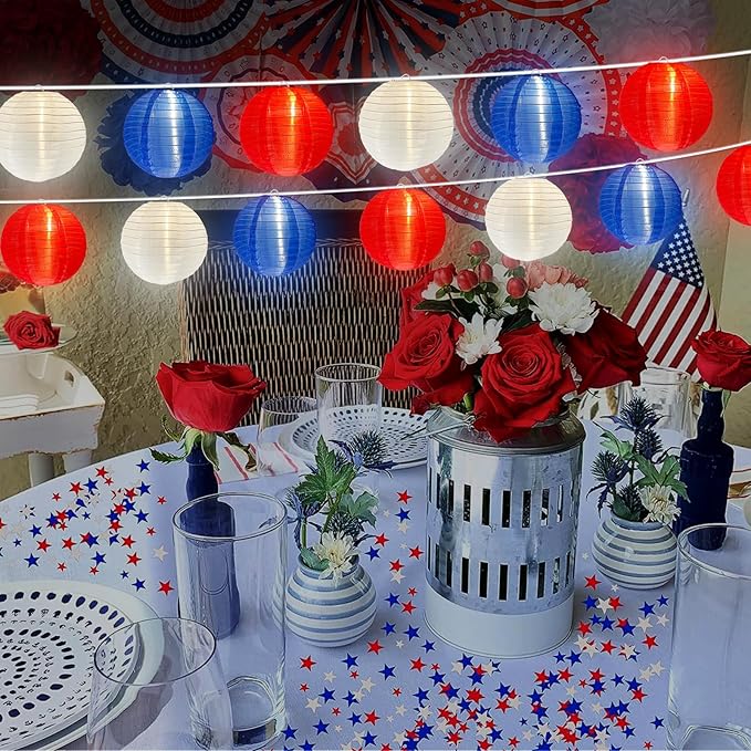 4th of July Decoration Lights, 25Ft Red White and Blue Lantern Lights with 11 LED Bulbs (1 spare bulbs), Hanging Patriotic Decor Lights for July 4th, Independence Day, Yard, Garden, Memorial Decor