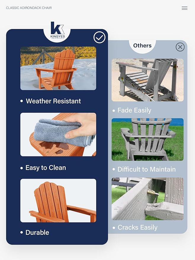 KINGYES HDPE Adirondack Chair, Classic All-Weather Adirondack Chair, Orange