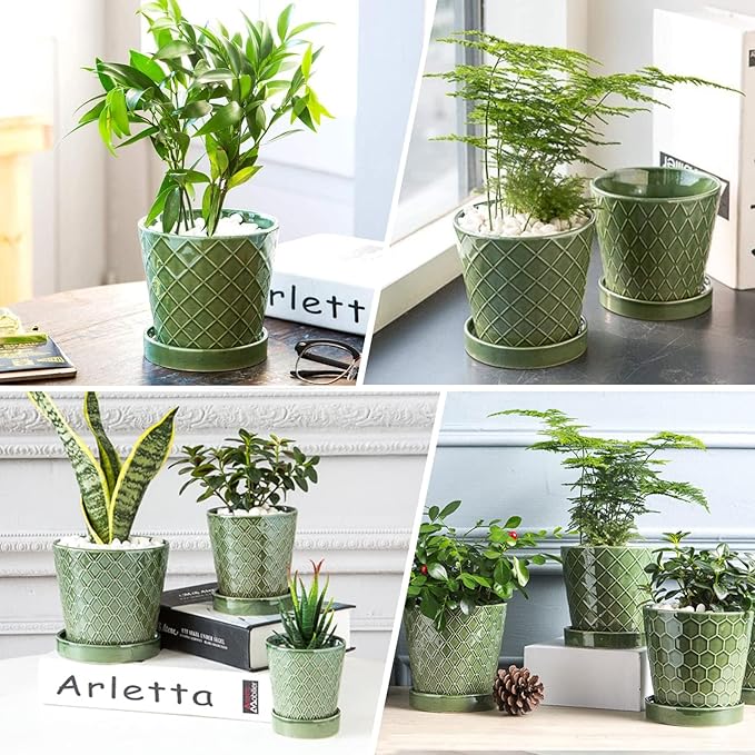 Ceramic Plant Pots,4+5+6 Inch Pots for Indoor Plants,Planters with Drainage Holes and Ceramic Tray, Indoor Flower Pots Gardening Home Desktop Office Windowsill Decoration Gift,Set of 3 (Patina)