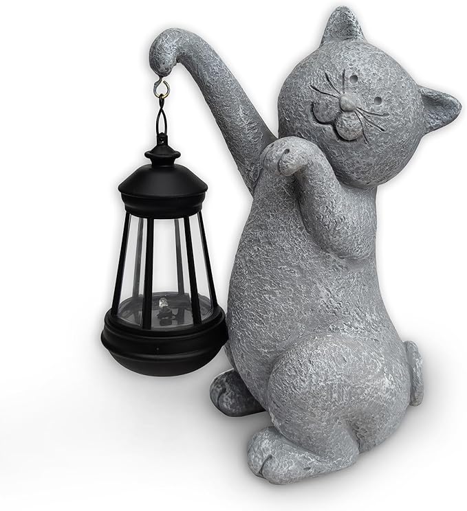 Cat Solar Garden Statues,Resin Cat Figurine Decorations with Solar Lights Lantern, Outdoor,Statue Decor Art for Lawn,Yard,Unique Housewarming Gift for Garden Home