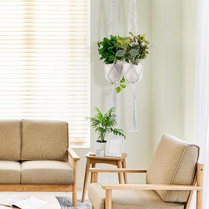 Sorbus Macrame Plant Hanger (6 Pack) Indoor Outdoor Hanging Plant Pots Cotton Rope, Elegant for Home, Patio, Garden (White)