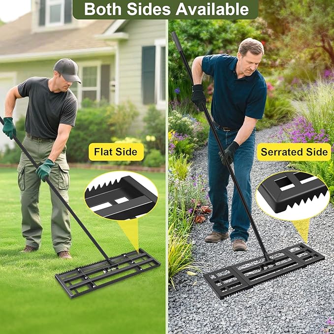 Lawn Leveling Rake-17"x10" Heavy Duty Leveler Reinforced Landscape Tool, Steel Golf Rake with Serrated Edge & Smooth Plate for Level Soil Compost Sand Grass Dirt Yard Garden 6.5FT Adjustable Handle