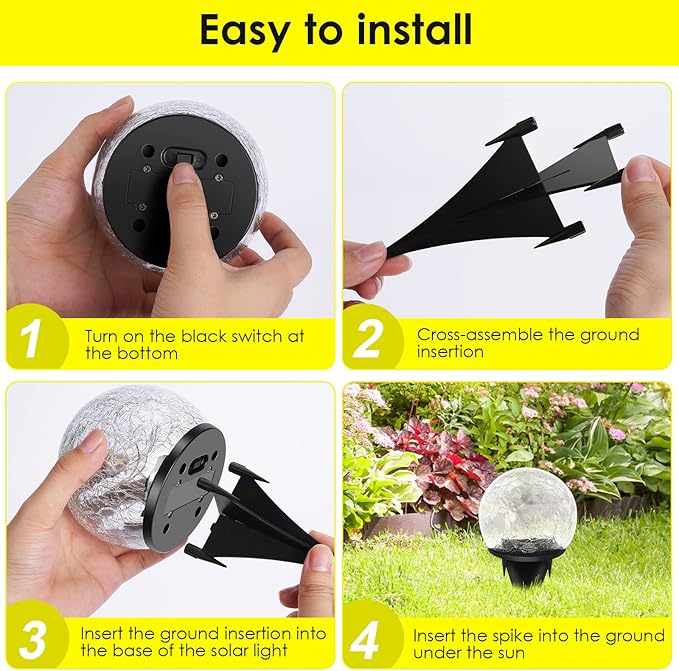 Solar Garden Lights, 2 Pack 60 LED Cracked Glass Solar Globe Lights Outdoor Decoration, Upgraded Waterproof Warm White LED Lights for Yard Pathway Patio Lawn Christmas Outside Decor, 4.73"