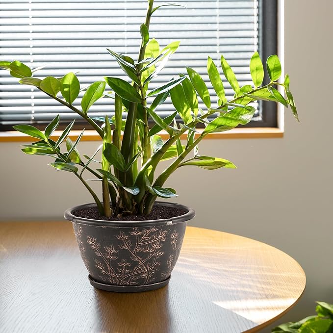 12-inch-Flower-Pots-Outdoor-Indoor, 4 Pack Plastic Planter Pots for Plant with Drainage Hole Saucer, Decorative Resin Garden Container with Tray