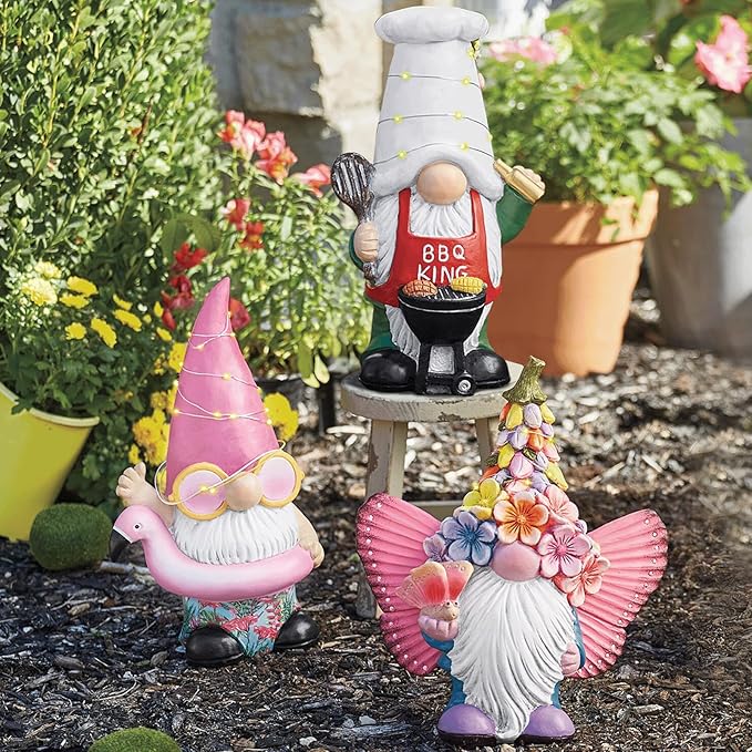 BAYN Garden Gnome Statues Outdoor Decor, Solar Powered Outdoor Gnome with Butterfly Wing Decorative Yard Garden Lights Art Gifts with 11 Warm White LEDs