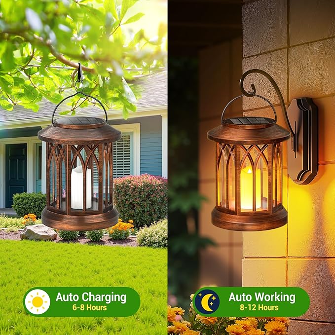 KOOPER 4 Pack Solar Lantern Outdoor Lights, Hanging Solar Lanterns Outdoor Decorative, Lanterns LED Flickering Flameless Candle Mission Lights for Yard Table Garden Decor