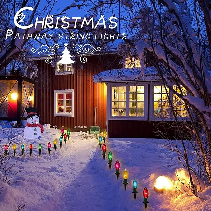 C9 Christmas Pathway Lights Outdoor, 38Ft Outdoor Christmas Decorations with 25 C9 Multicolor Bulbs Christmas Stakes Lights, Connectable Christmas Walkway Lights for Outside Yard Lawn Sidewalk Garden