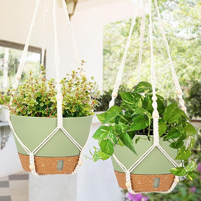 QCQHDU 2 Pack Hanging Planters for Indoor Plants, Outdoor Flower Hanging Baskets, Self Watering Pots with Drainage Holes & Removable Tray (Green, 10 inch, Macrame Hanger)