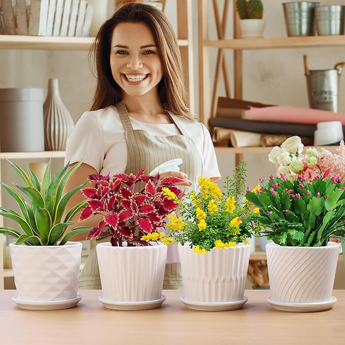 Plant Pots - 5.5 Inch Cylinder Ceramic Planters with Connected Saucer, Pots for Succuelnt and Little Snake Plants, Set of 4, White