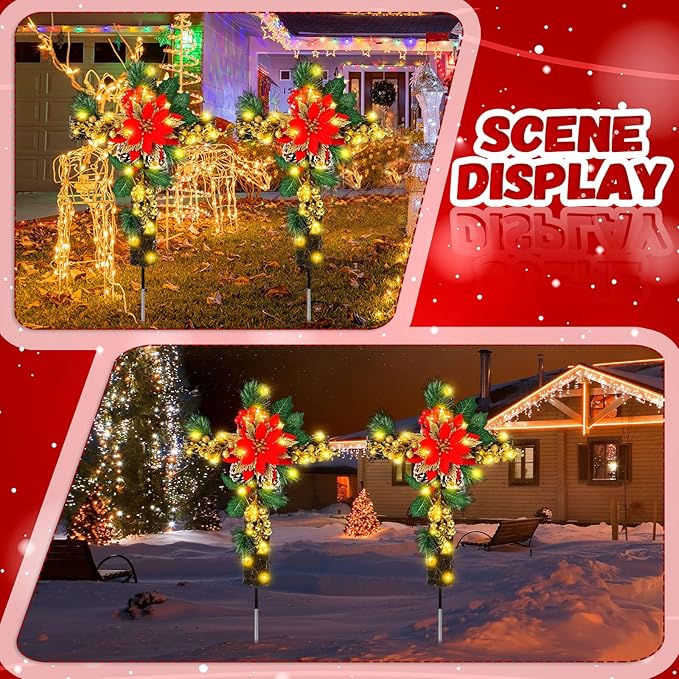 Ganeen 2 Pcs Solar Stake Christmas Outdoor Decorations Christmas Yard Stake Decor LED Lights Cemetery Grave Cross Poinsettia Decor for Holiday Garden Pathway Lights (Poinsettia)