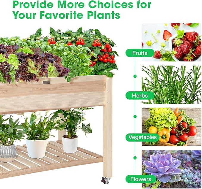 VIVOSUN Elevated Wooden Raised Garden Bed, 46 x 24 x 32 Inches, Mobile Outdoor Planter Box with Storage Shelf and Protective Liner for Outdoor Use, with Lockable Wheels
