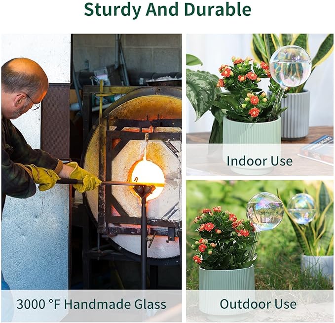 6.4 oz Medium Plant Self Watering Globes, Light Iridescent Glass Water Bulbs for Indoor Plants, Vacation Watering System, Self-Watering Stakes, Automatic Plant Waterer, 4 Pack