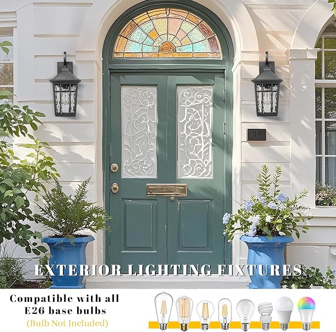 Outdoor Wall Lights 14 Inch Exterior Waterproof Lighting Fixtures Aluminum Material and Water Ripple Glass E26 Socket Black Outdoor Lights for House Garages