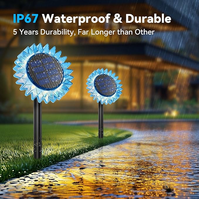 Solar Garden Lights - Upgraded Solar Sunflower Light, Ground/Wall 2-In-1, Solar Outdoor Lights Waterproof IP67,Garden Yard Patio Backyard Pathway Landscape Fence Wall Decoration, Warm White(6 Pack)