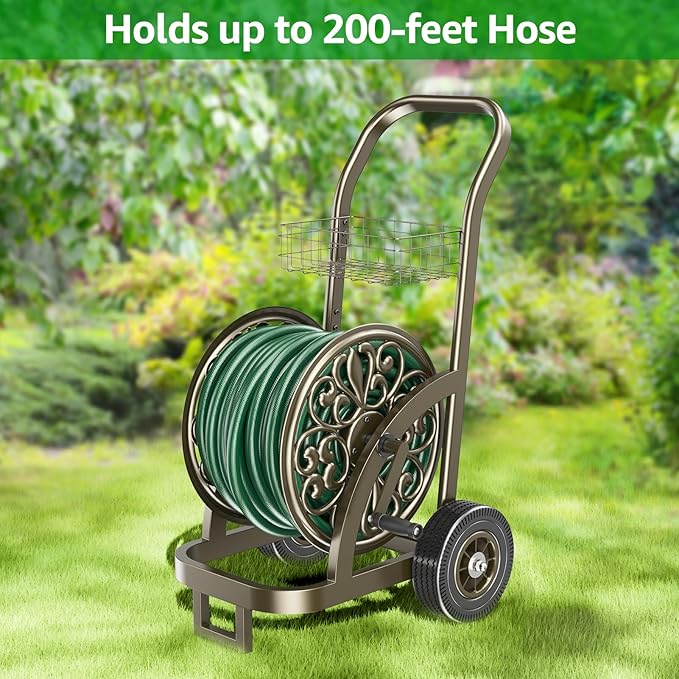GOFORWILD Garden Hose Reel Cart with Wheel, Hold up to 200 Ft of 5/8" Hose, Heavy Duty Steel Frame Water Hose Reel Cart with Storage Basket, Mobile Hose Reel for Outside Garden Lawn Yard