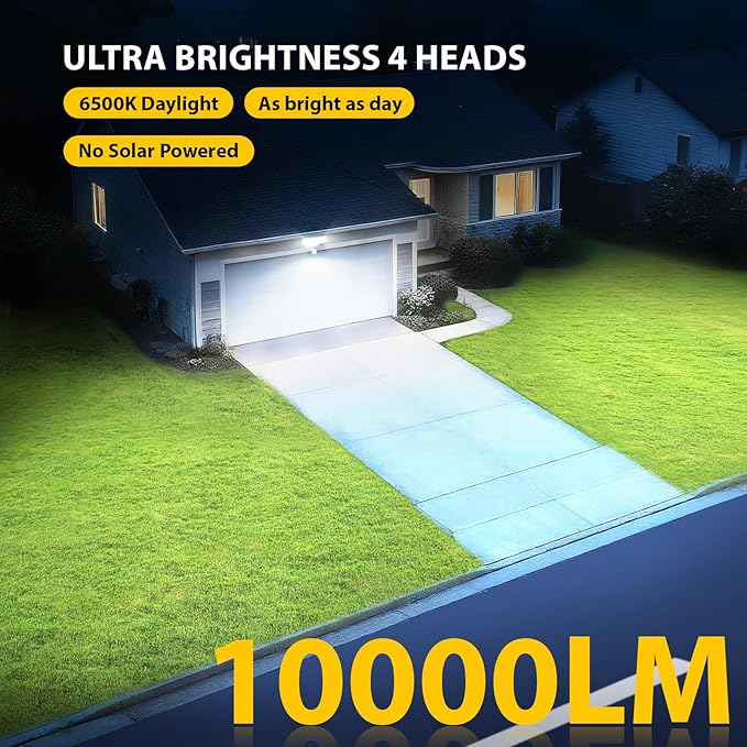 90W 10000LM LED Security Lights Motion Sensor Outdoor Lights, 4 Head Dusk to Dawn, 6500K Daylight Flood Lights Outdoor Motion Sensor, IP65 Waterproof, Motion Light for Outside, Garage, Yard, Porch