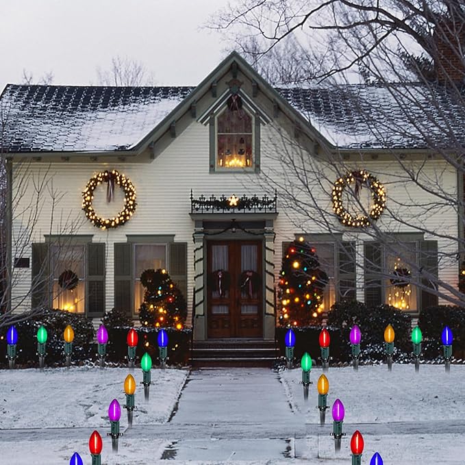 C9 LED Christmas Pathway Light, 38FT Multicolor Pathway Christmas Lights with 27 Multicolored Jumbo LED Bulbs, Connectable Christmas Walkway Lights for Lawn Walkway Lane Marker Lighting Decoration