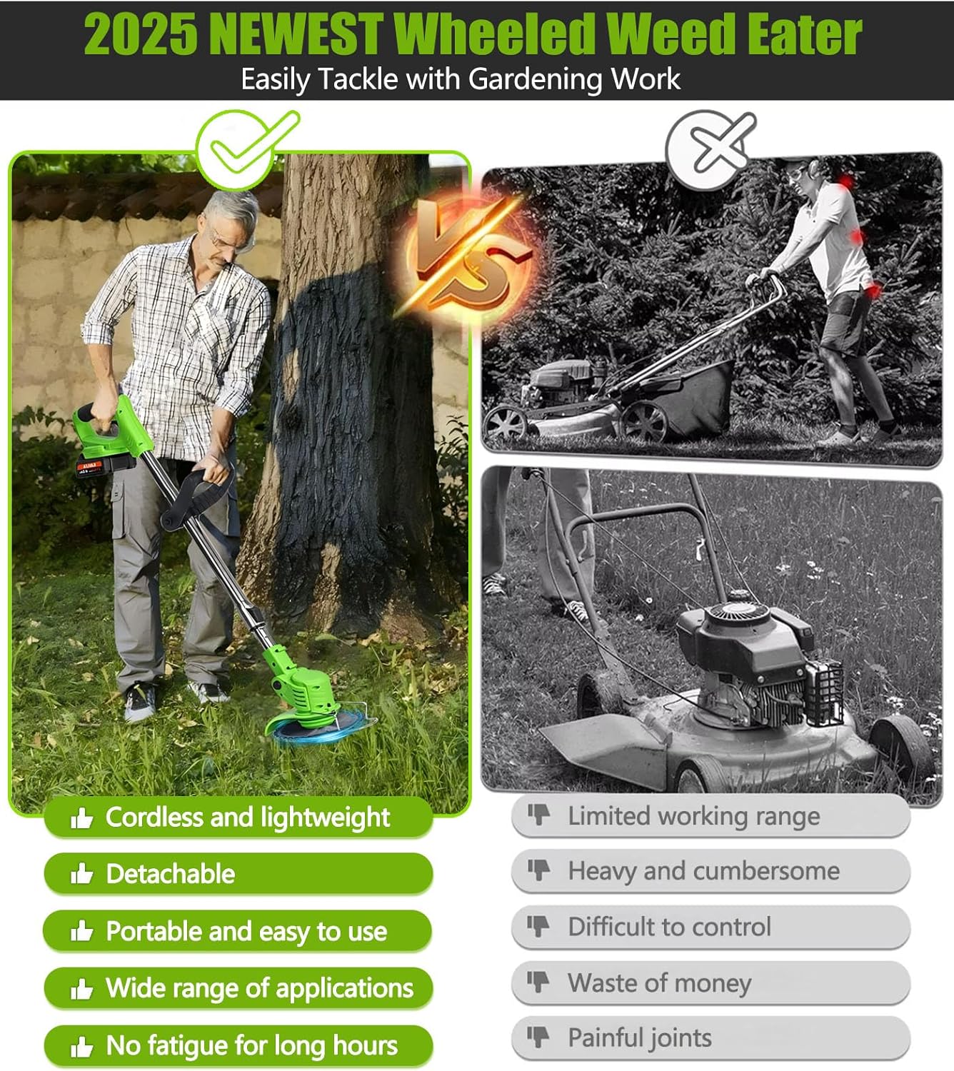 Electric Weed Wacker Cordless, 21V Weed Cordless Eater, 4 in 1 Lightweight Stringless Brush Cutter, with 2 Pcs 4.0 Ah Battery Grass Trimmer, 4 Types Blades for Yard Clearing (Green)