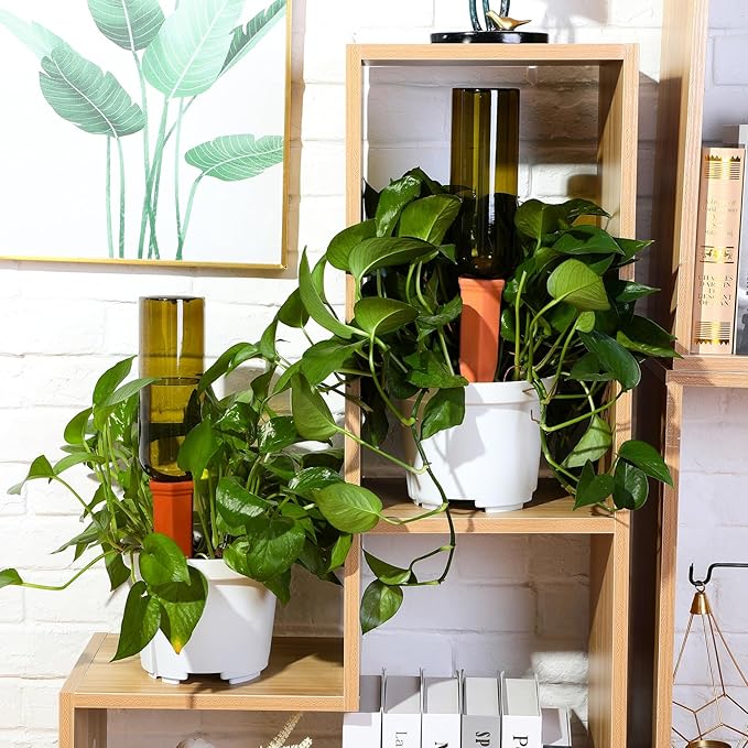6 Sets Plant Watering Devices Include Terracotta Self Watering Spikes and 26 oz Plastic Bottles, Slow Release Vacation Insert Automatic Plant Waterer Device (Clear Green and Terracotta)