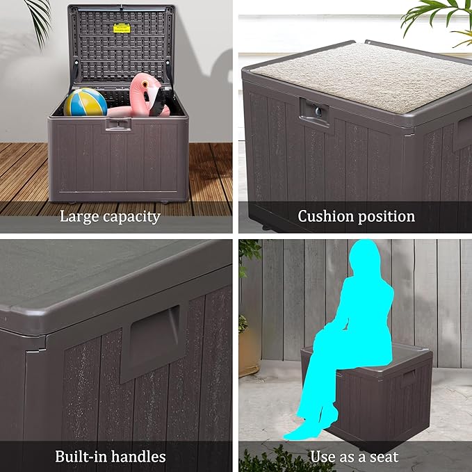 33 Gallon Pro Waterproof Outdoor Storage Bin Resin Deck Box for Patio, Poolside, and Garden, Lockable & UV-Resistant, Ideal for Small Spaces, Brown