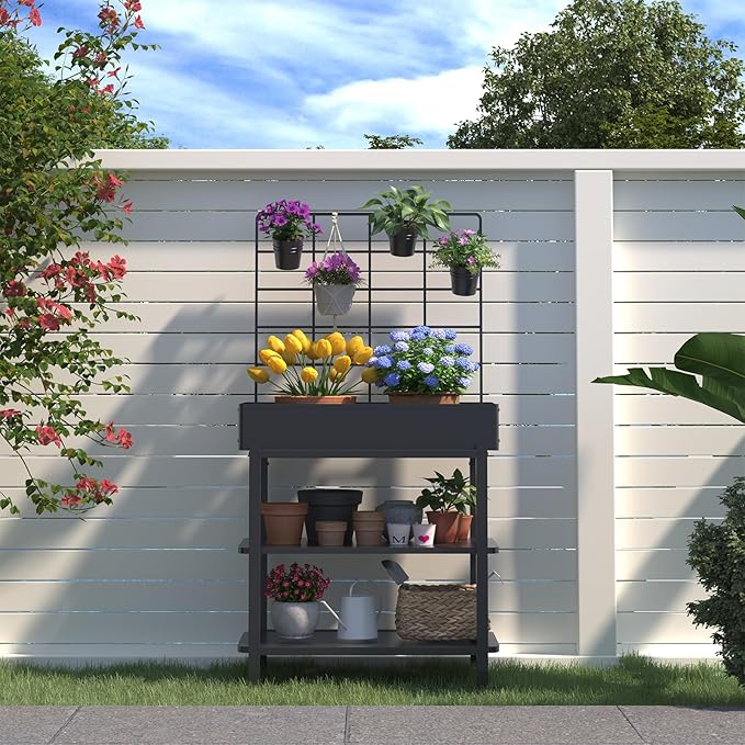 Metal Raised Garden Bed with Trellis, Elevated Planter Box with Legs for Outdoor Patio, Iron Standing Garden Box for Vegetables, Herbs, Flowers, Climbing Plants