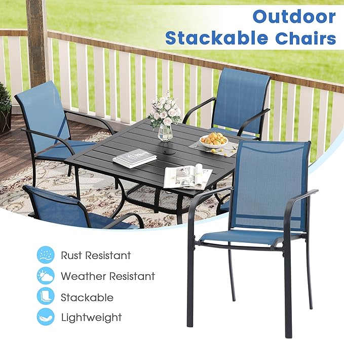 VICLLAX Patio Dining Set for 4, Outdoor Furniture Set Includes 40.2" Square Patio Table and 4 Stackable Patio Sling Chairs, Patio Table and Chairs for Outsides, Black Table and Blue Chairs