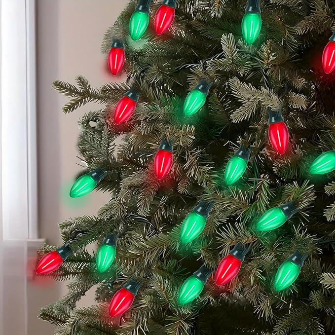 C7 LED Christmas Lights Outdoor, 25FT Clear Red and Green Christmas String Lights with 27 LED Energy-Efficient Bulbs, Hanging Vintage Christmas Decorations Lights for Holiday Party Patio Garden Yard
