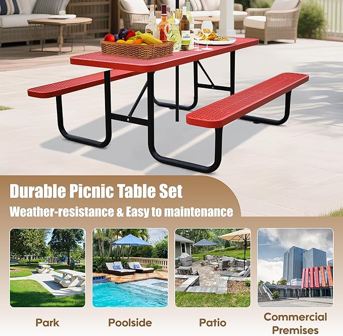 4FT Metal Picnic Tables for Outdoors, Commercial Rectangular Picnic Table and Bench Set for Outside, Patio, Garden, Backyard, Porch, Surface Mount, Red