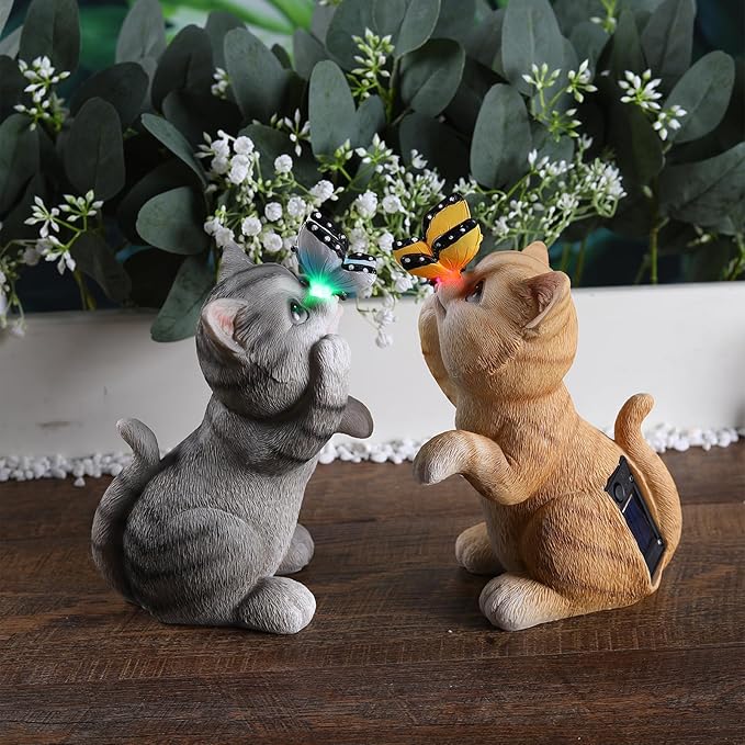 Solar Garden Statue Cute Cat Figurine Fun Color Changing LED Butterfly Light Outdoor Decor Waterproof Resin Sculpture Patio Lawn Art Housewarming Gifts for Cat Lovers Women