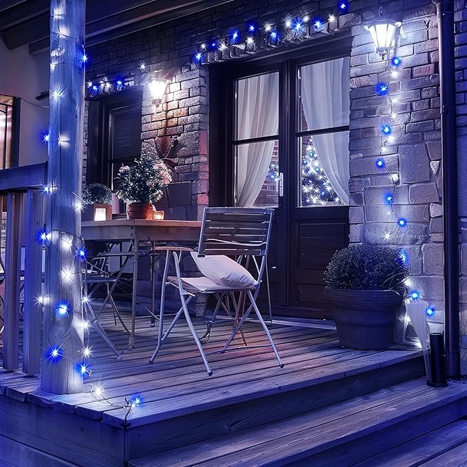 JMEXSUSS 2 Pack Blue and White Solar String Lights, Each 100 LED 33ft Solar Christmas Lights Outdoor Waterproof, 8 Modes Green Wire Solar Lights for Outside Garden Patio Party Decoration