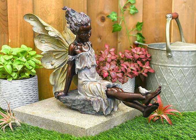 Fairy with Bird Bronze Tone 12.5 x 18 Inch Resin Stone Outdoor Garden Statue