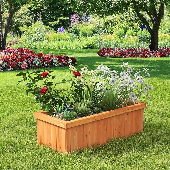 HAPPYGRILL Raised Garden Bed, Outdoor Elevated Flower Box w/ 4 Drainage Holes & Detachable Bottom Panels, Wood Planter Box for Vegetables Flowers Herbs & Fruits Growing, 31” x 14” x 12”
