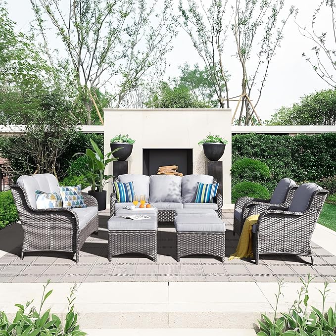 ovios 8 Pieces Patio Furniture Set, Outdoor Wicker Sofas with 2 Chairs, 4 Ottomans and Comfy Cushions, All Weather High Back Couch Set for Deck Porch, Grey Rattan, Grey