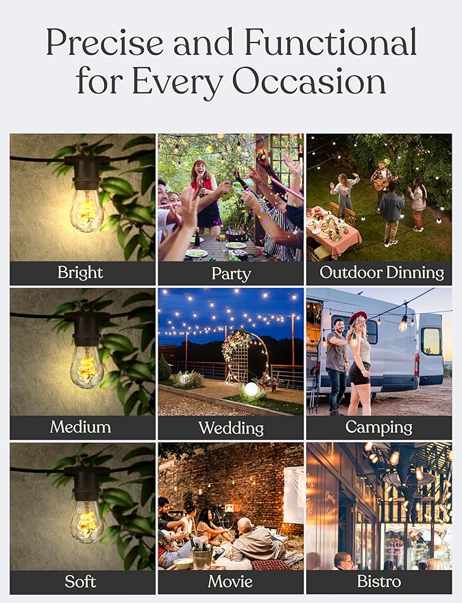 Brightech Ambience Pro - Waterproof LED Outdoor String Lights - 15 Bulbs, Dimmable 2W Vintage Spiral Edison Bulbs - 48 Ft Commercial Grade Patio Lights Cafe Ambience in Your Backyard