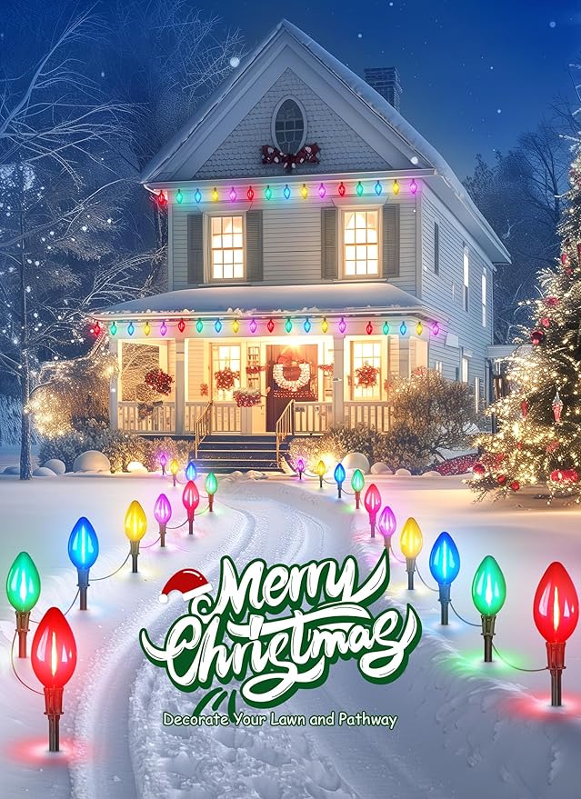 Minetom 2 Pack Solar Double C9 Christmas Pathway Lights Outdoor -Total 32FT 20 LED C9 Christmas Lights Outdoor with Timer,8 Modes, Solar Christmas Outdoor Decorations for Lawn Outside Yard, Multicolor