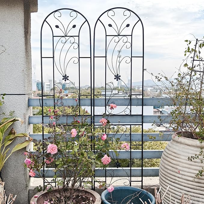 Metal Garden Trellis Rustproof Trellis for Climbing Plants Outdoor Flower Support Peacock Style (Black-2 Pack, 86.7"x19.7")