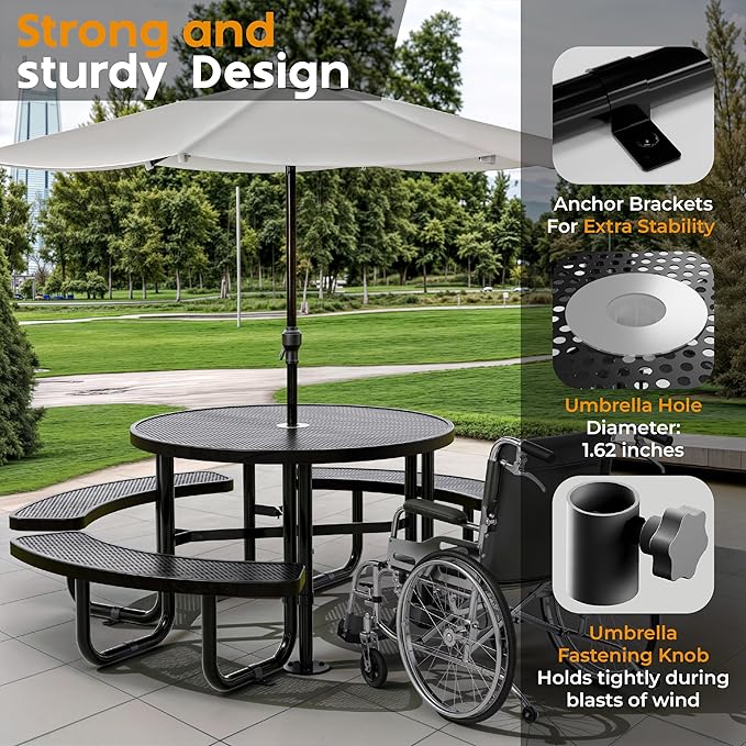 Metal Picnic Tables for Outdoors with Umbrella Hole - Coated Steel Heavy Duty Commercial Grade Table with Adjustable Seats (Black, 46 in, Round, Punched Steel)