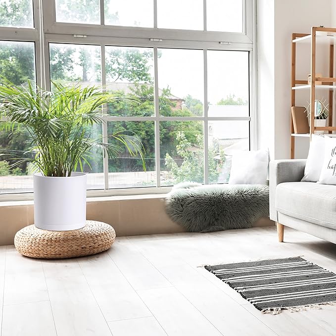 D'vine Dev 2 Pack 12 Inch Modern Plastic Plant Pots, Small Garden Planters for Plant with Drainage Holes and Saucers, White Color, 74-Z-P-1