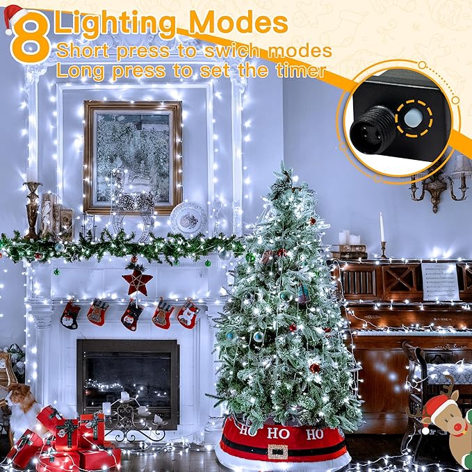 Ollny Outdoor String Lights 200LED 60FT, Cool White Connectable Plug in Fairy Light, 8 Modes Waterproof Timer Christmas Lights for Indoor Outside Bedroom House Party Wedding