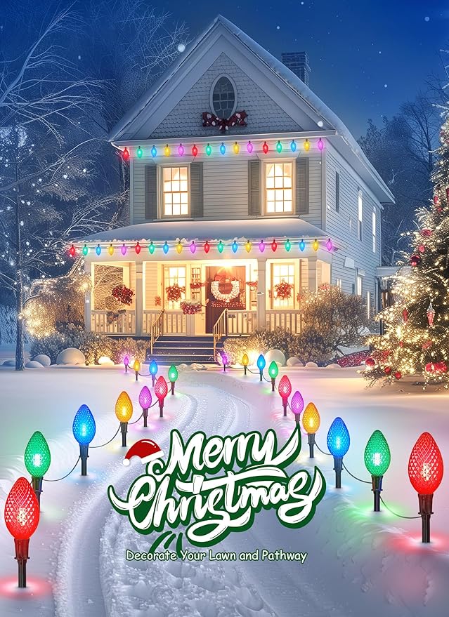 Minetom 2 Pack Solar Double C9 Strawberry Pathway Lights Outdoor - Total 32FT 20 LED C9 Christmas Lights Outdoor with Timer, 8 Modes, Solar Christmas Outside Decorations for Lawn, Multicolor