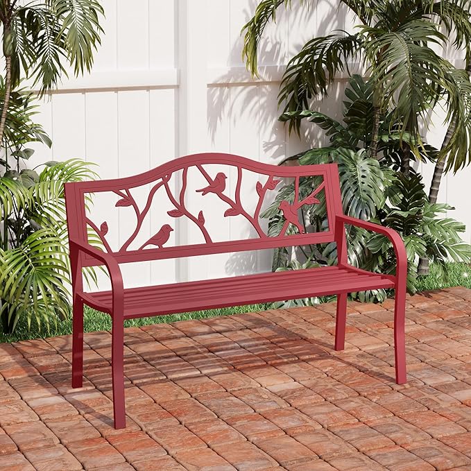 PHI VILLA Outdoor Patio 50" Metal Park Bench Red, Steel Frame Bench with Backrest and Armrests for Porch, Patio, Garden, Lawn, Balcony, Red Bird