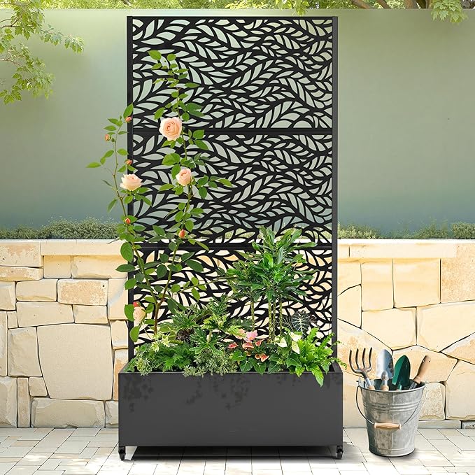 Raised Garden Bed with Trellis and Wheels,73"x35"x16" Metal Raised Garden Bed,Black Flowing Leaf Metal Planter with Climbing Trellis for Vines & Vegetables