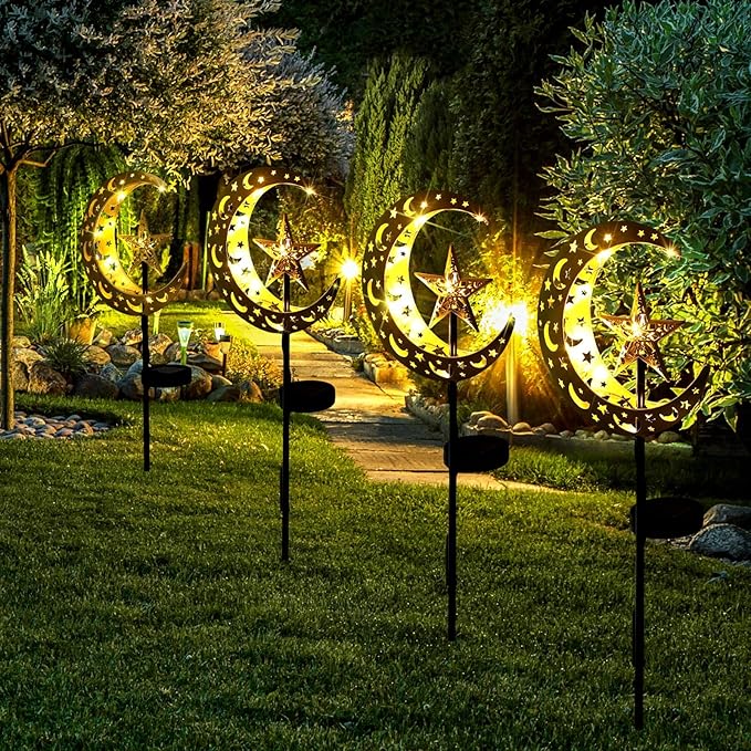 2 Pcs Ramadan Solar Lights Ramadan Decorations Outdoor Mubarak Star Moon Solar Stakes Lights Waterproof for Eid Decorations Outdoor Garden Walkway Lawn Patio Yard(Star)