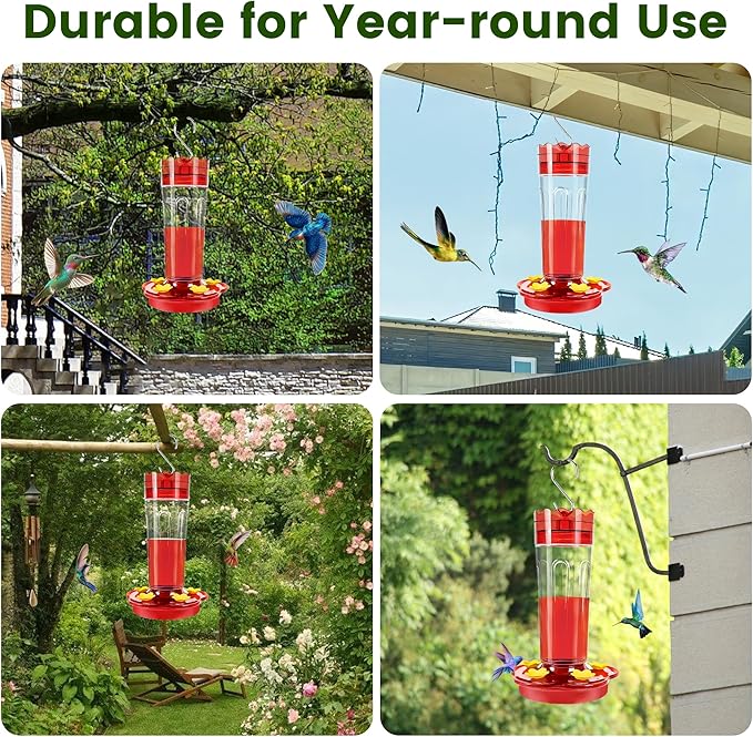 Glass Hummingbird Feeders for Outdoors Hanging Ant and Bee Proof, 1 Pack 15 Ounces Red Hummingbird Feeder with 5 Feeding Ports and Perches, Built-in Ant Moat, Outside Garden Décor (Glass, 1)