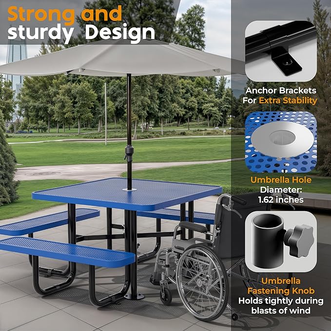 Metal Picnic Tables for Outdoors with Umbrella Hole - Coated Steel Heavy Duty Commercial Grade Table with Adjustable Seats (Blue, 46 in, Square, Punched Steel)