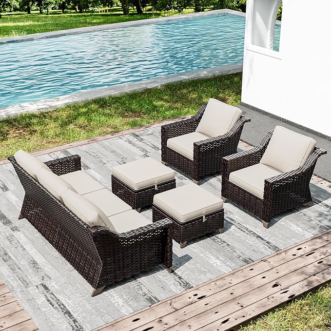 Joyside Wicker Patio Furniture Sets, 5 Pieces Upgraded Large Size Outdoor Furniture with Patio Dining Chairs, 3-Seat Sofa and Outdoor Ottoman, Thick Cushions, Wide Armrest