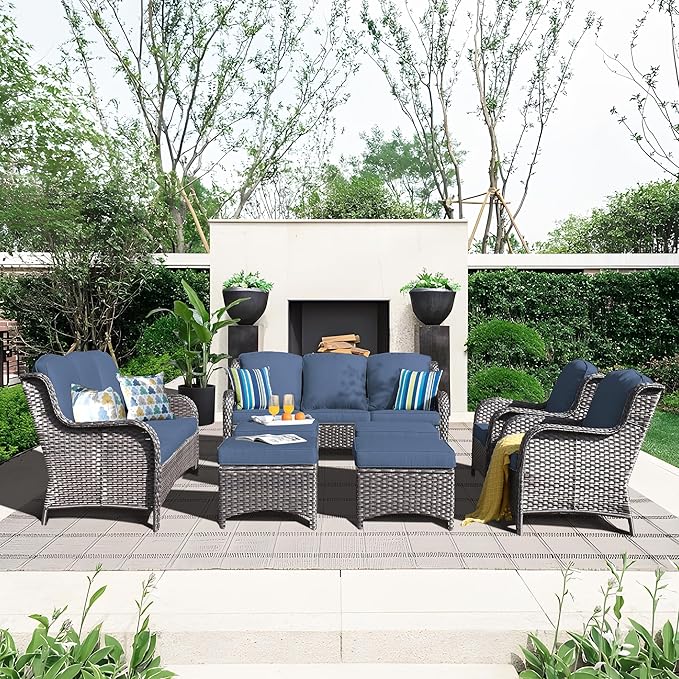 ovios 8 Pieces Patio Furniture Set, Outdoor Wicker Sofas with 2 Chairs, 4 Ottomans and Comfy Cushions, All Weather High Back Couch Set for Deck Porch, Grey Rattan, Denim Blue