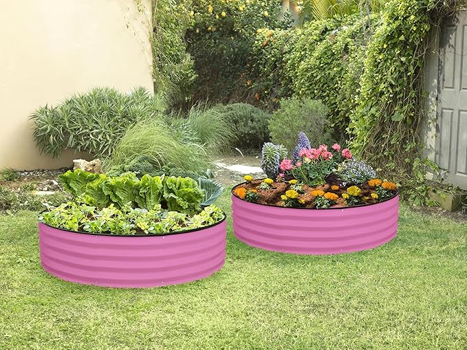 Round Galvanized Raised Garden Bed // 4×4×1 ft (2-Pack) Galvanized Raised Garden Beds Outdoor for Gardening, Vegetables, Flowers // Patented Tool-Free Design Round Planter (Pink)